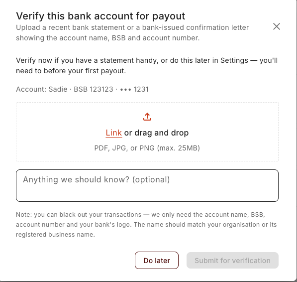 The Verify this bank account for payout window, with the upload area, the "you can black out your transactions" note, and the optional notes field.
