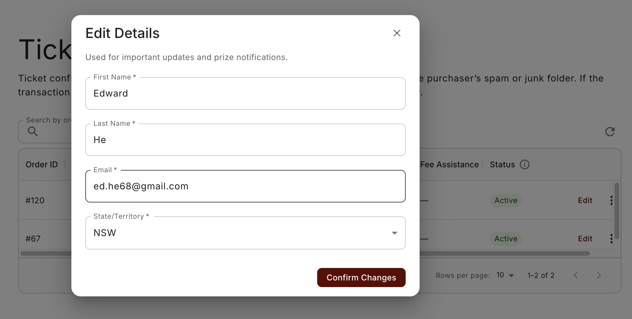 The Edit Details dialog on an order, with first name, last name, email, and state fields.