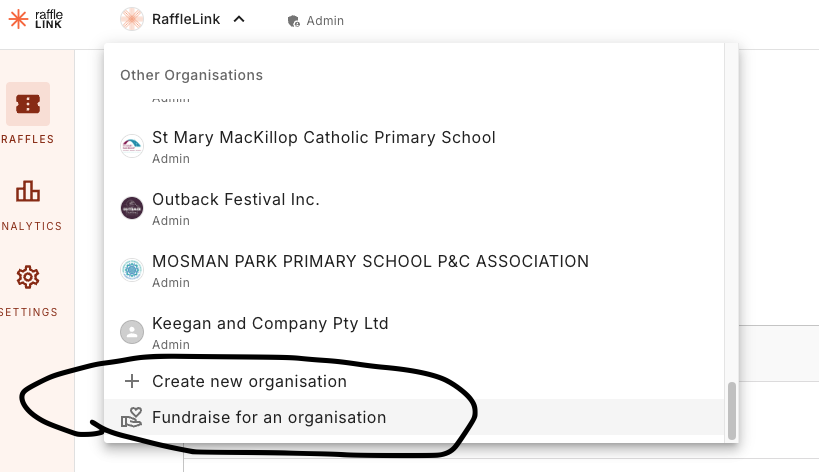 The organisation switcher with the "Fundraise for an organisation" option.