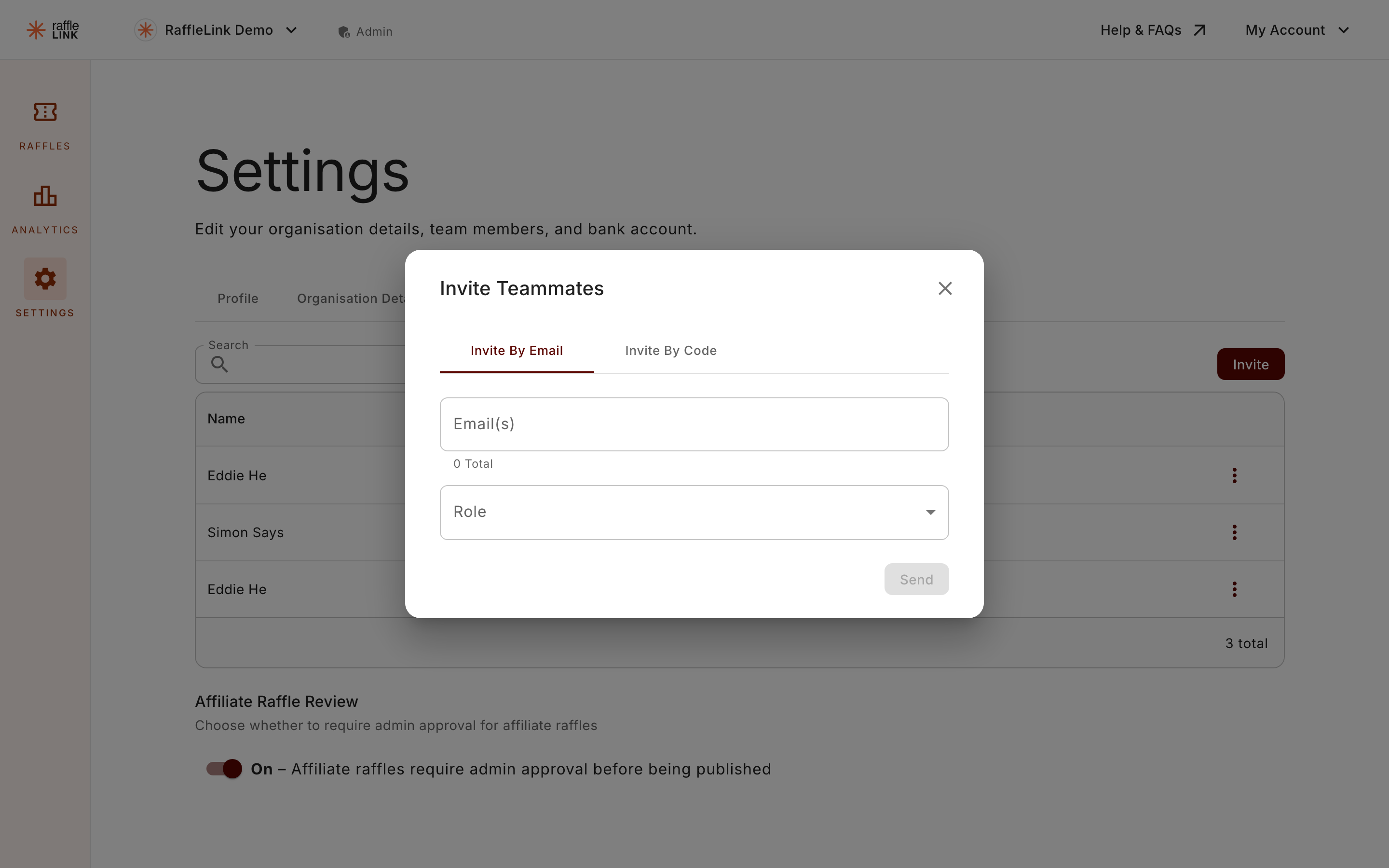 The Invite Teammates dialog showing the Invite By Email and Invite By Code tabs.