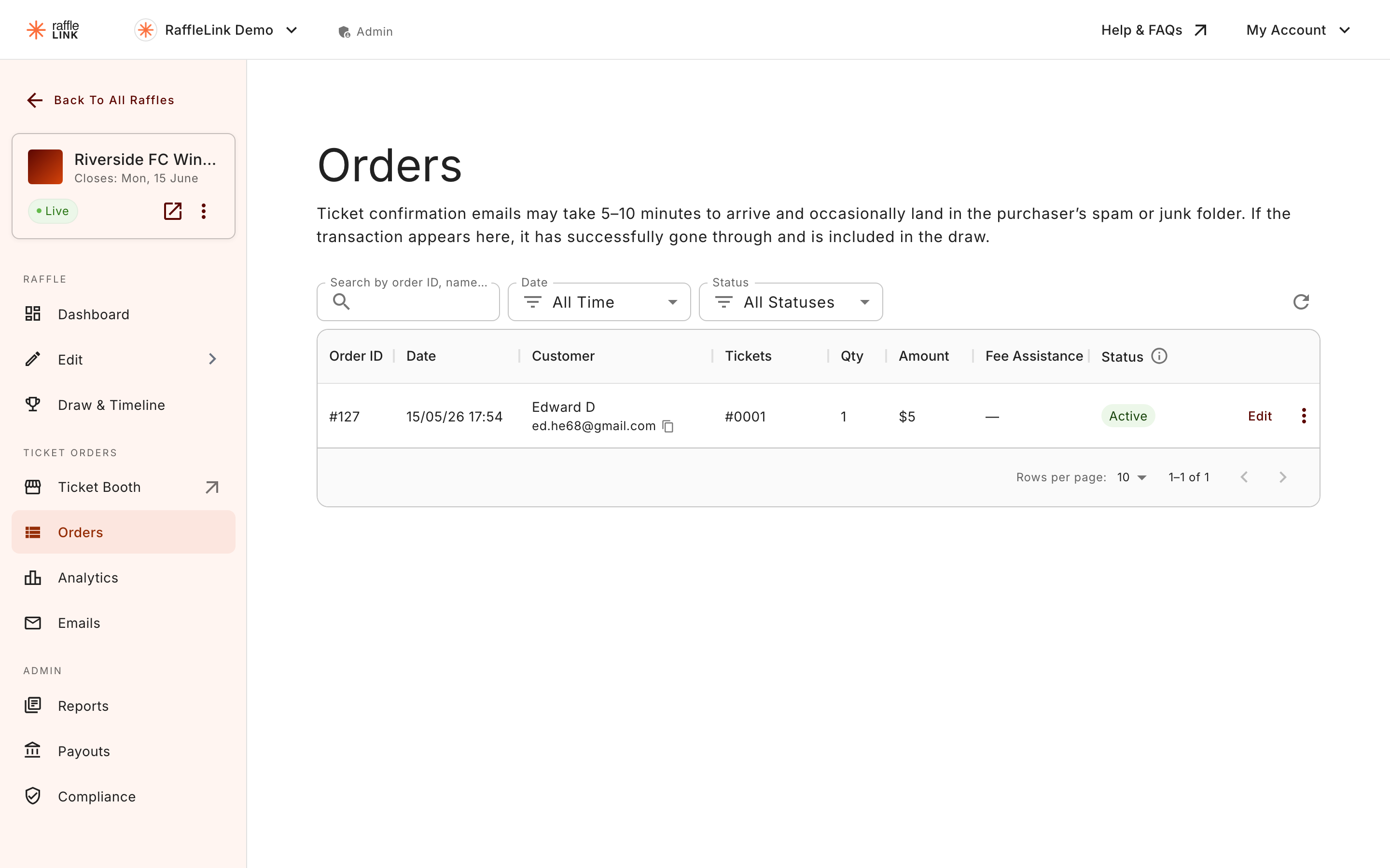 The raffle Orders page with the search bar, date and status filters, and an order row.