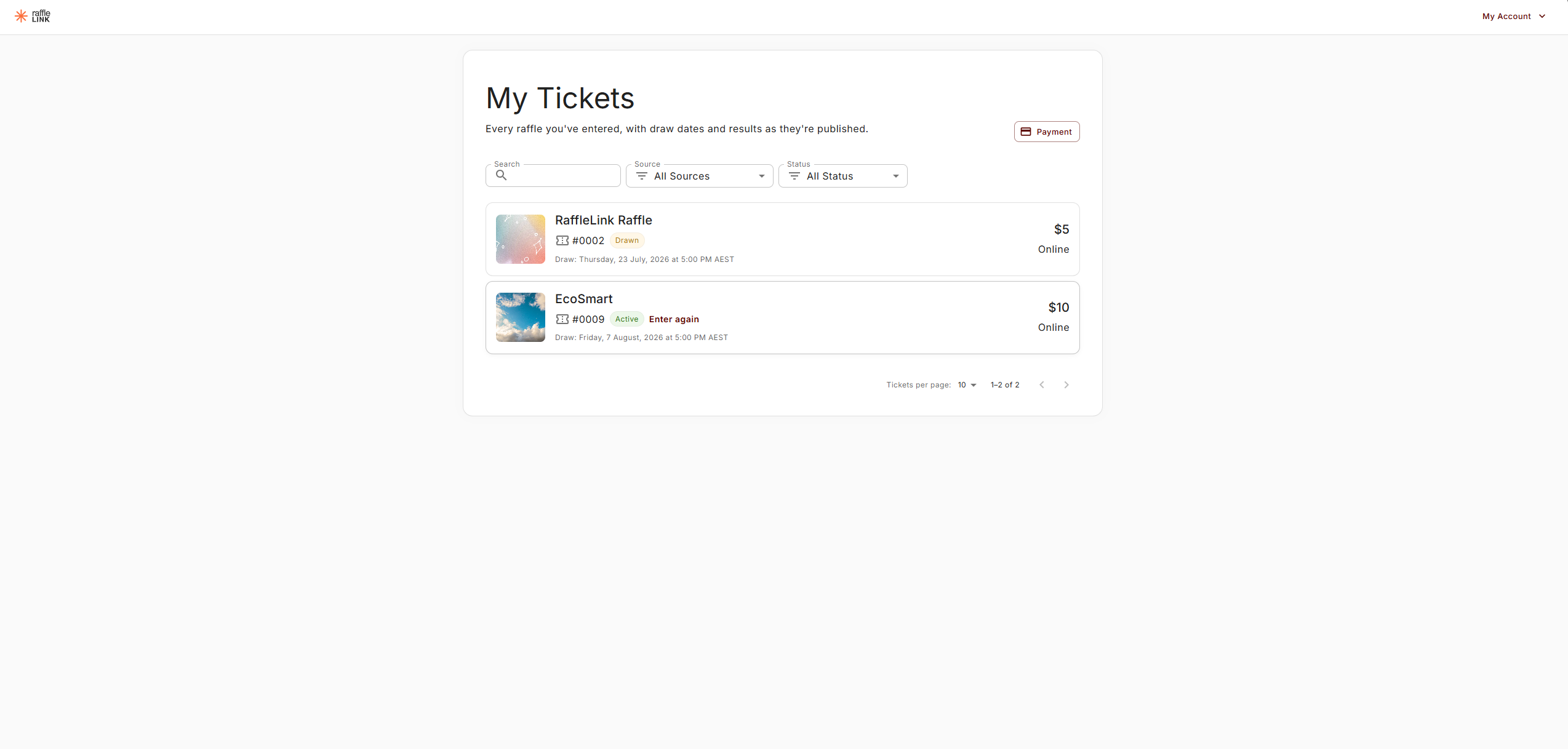 The My Tickets page, showing one row per purchase with the raffle banner, ticket number, status, amount paid, and the search and filter controls.