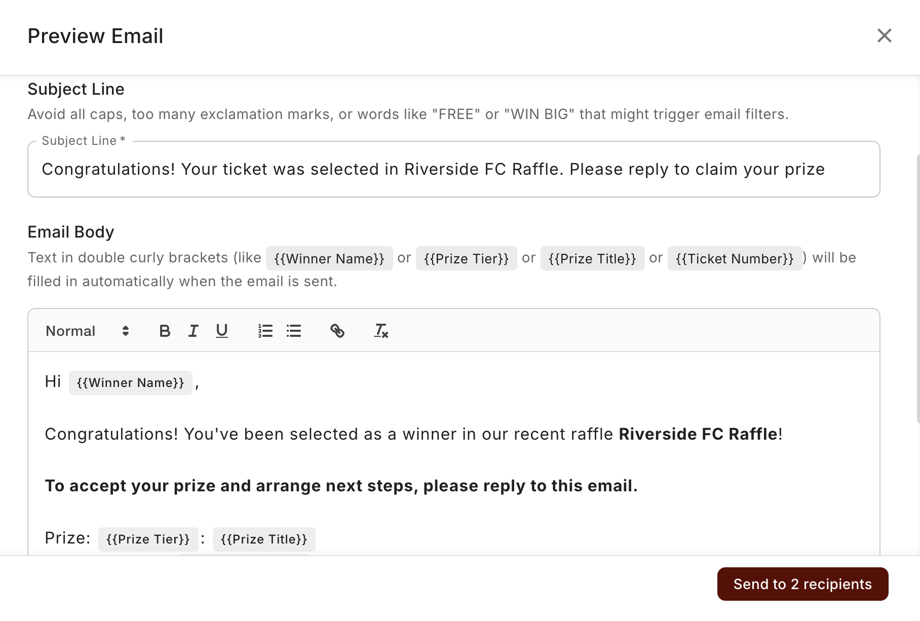 The Preview Email composer, with a subject line, message body, and a Send to recipients button.