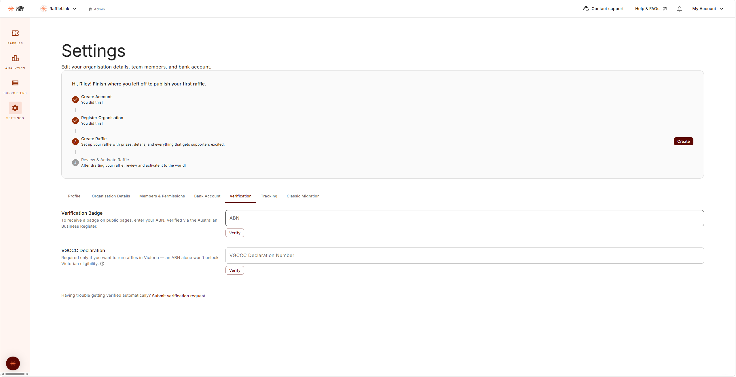The Verification tab showing the Verification Badge (ABN) field, the VGCCC Declaration field, and the "Submit verification request" link.