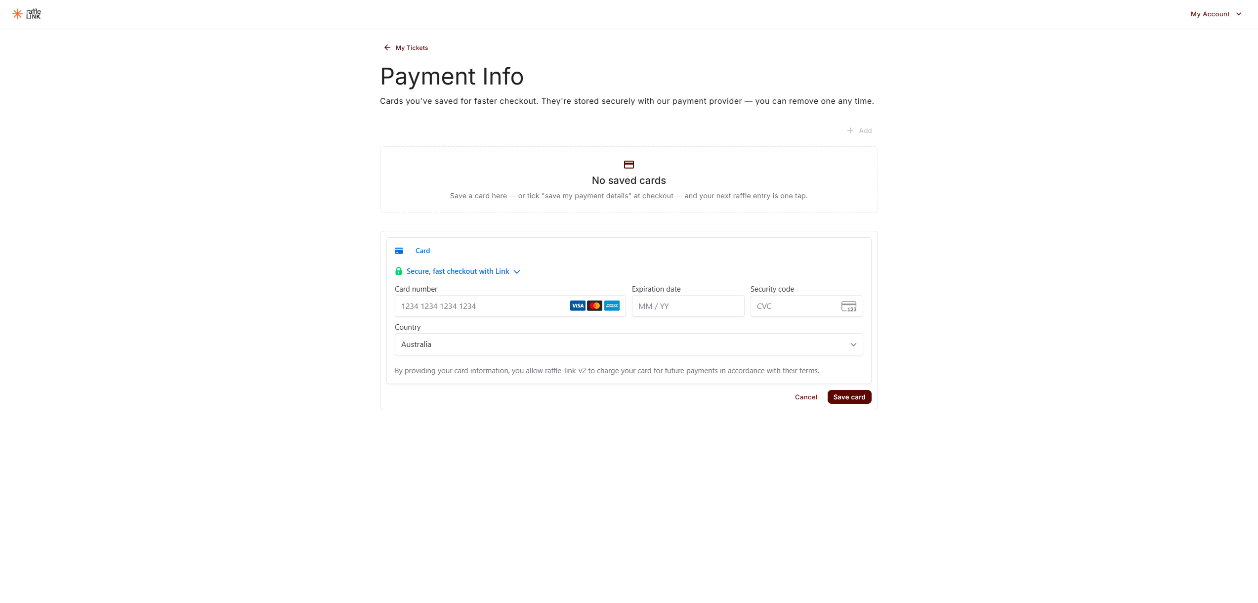 The Payment Info page with no saved cards yet and the add-a-card form open.