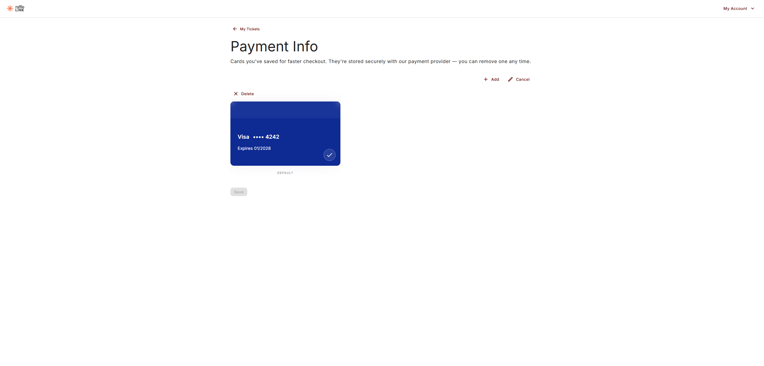 The Payment Info page in Edit mode, showing a saved Visa card marked DEFAULT with Delete and Save actions.