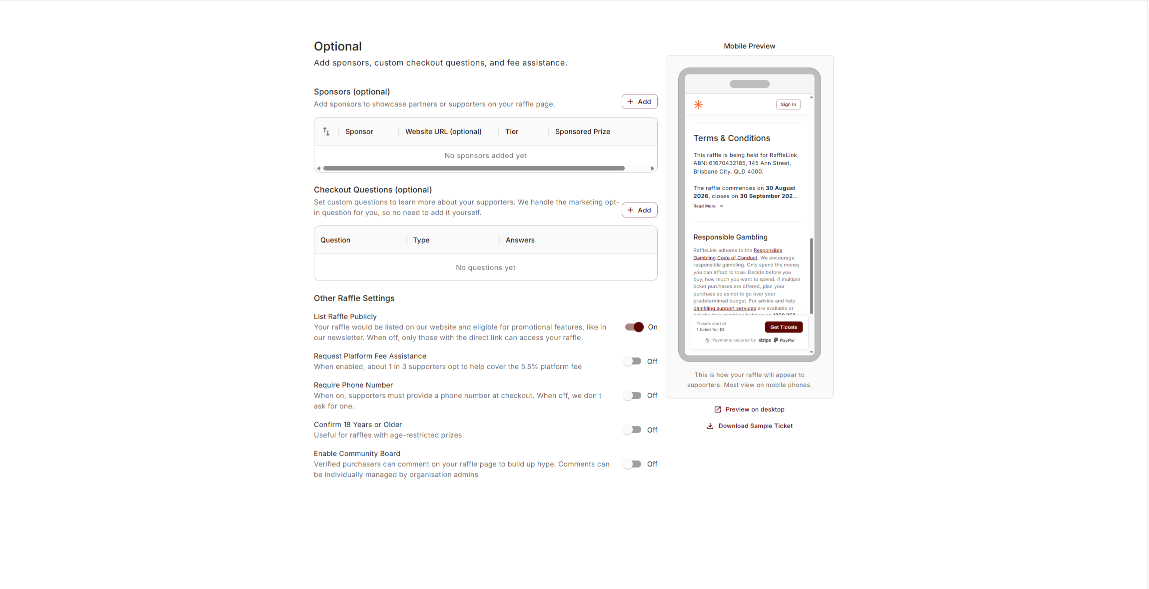 The Optional step, showing sponsors, checkout questions, and the Other Raffle Settings switches.