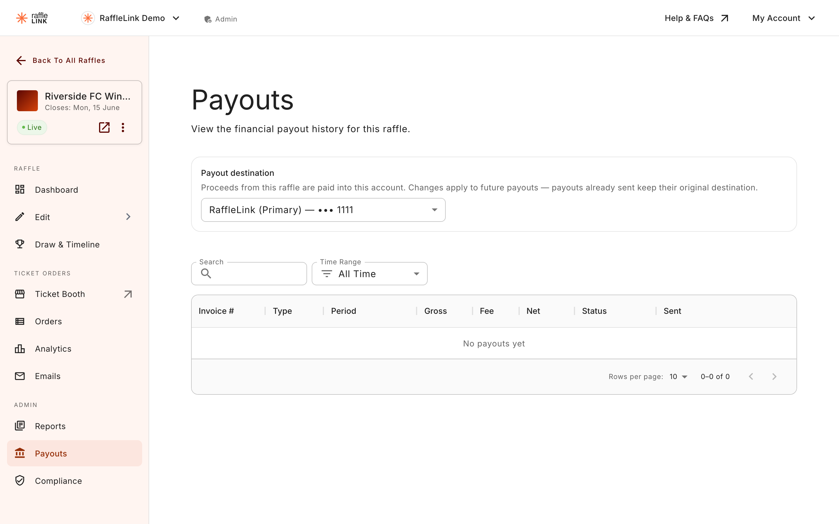 The per-raffle payout destination dropdown at the top of the raffle's Payouts page, visible when the org has 2+ accounts.