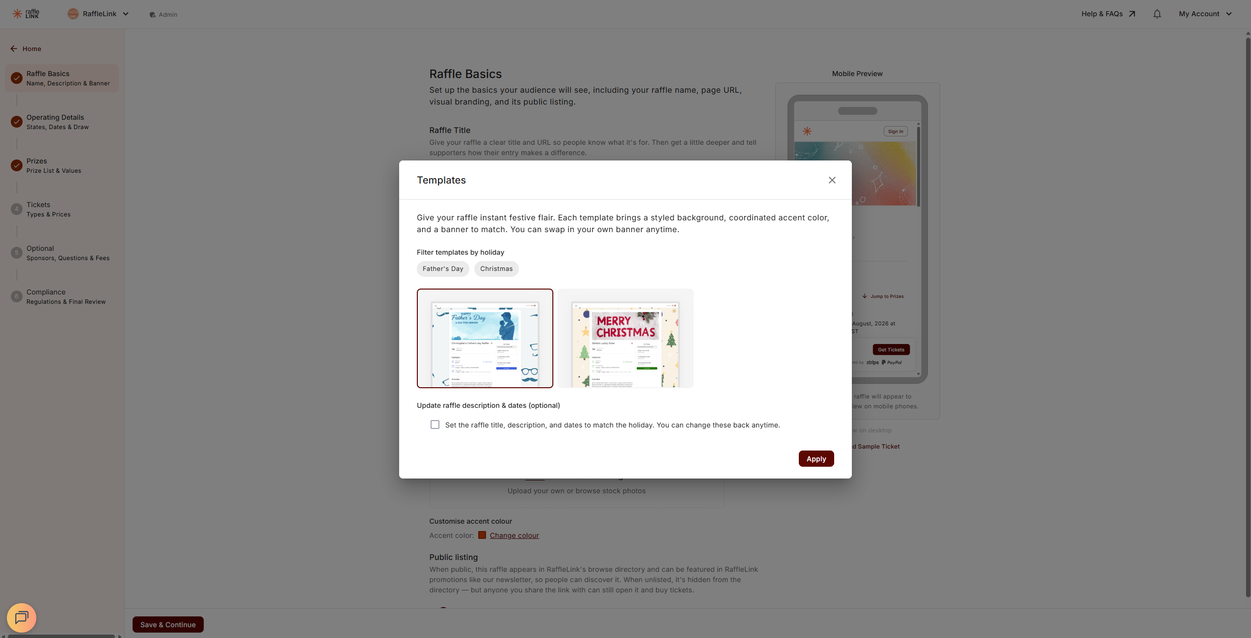 The Templates modal open from the Styling section, showing the Father's Day and Christmas filter chips, the preview cards, and the update description and dates checkbox.