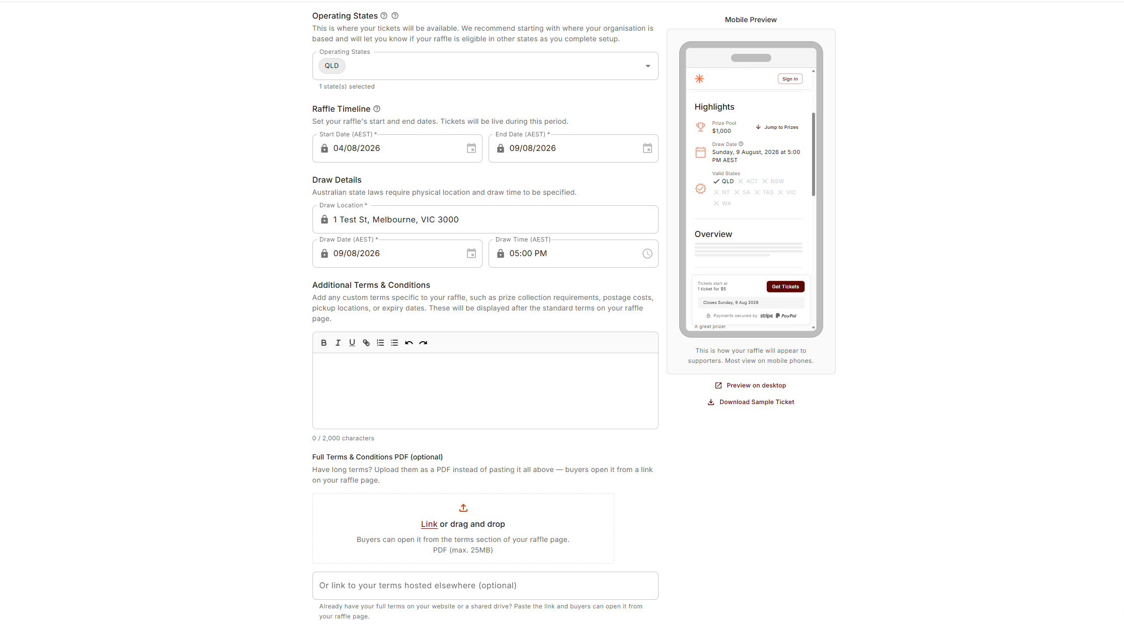 The Additional Terms & Conditions section on the Operating details step, with the Do You Have Additional Terms & Conditions? select.