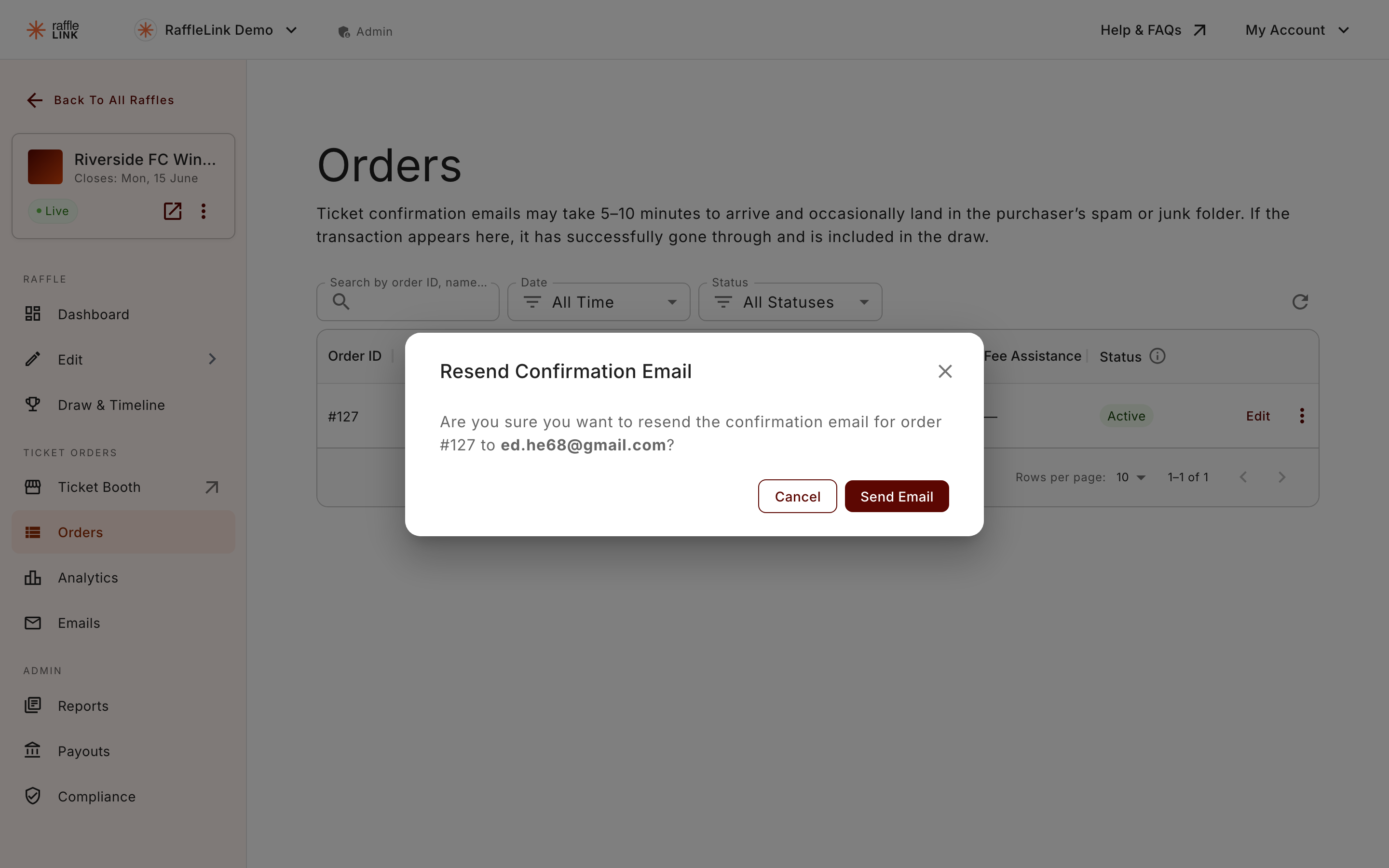 The Resend Confirmation Email dialog, confirming the order and recipient before sending.
