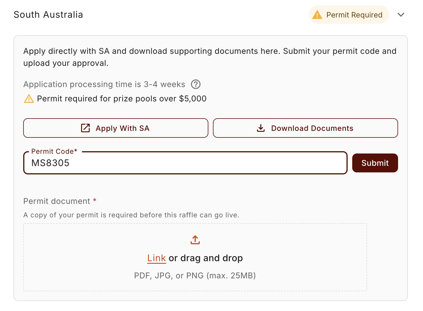 The Compliance step's per-state permit review for South Australia, with the permit code field and the document upload area.